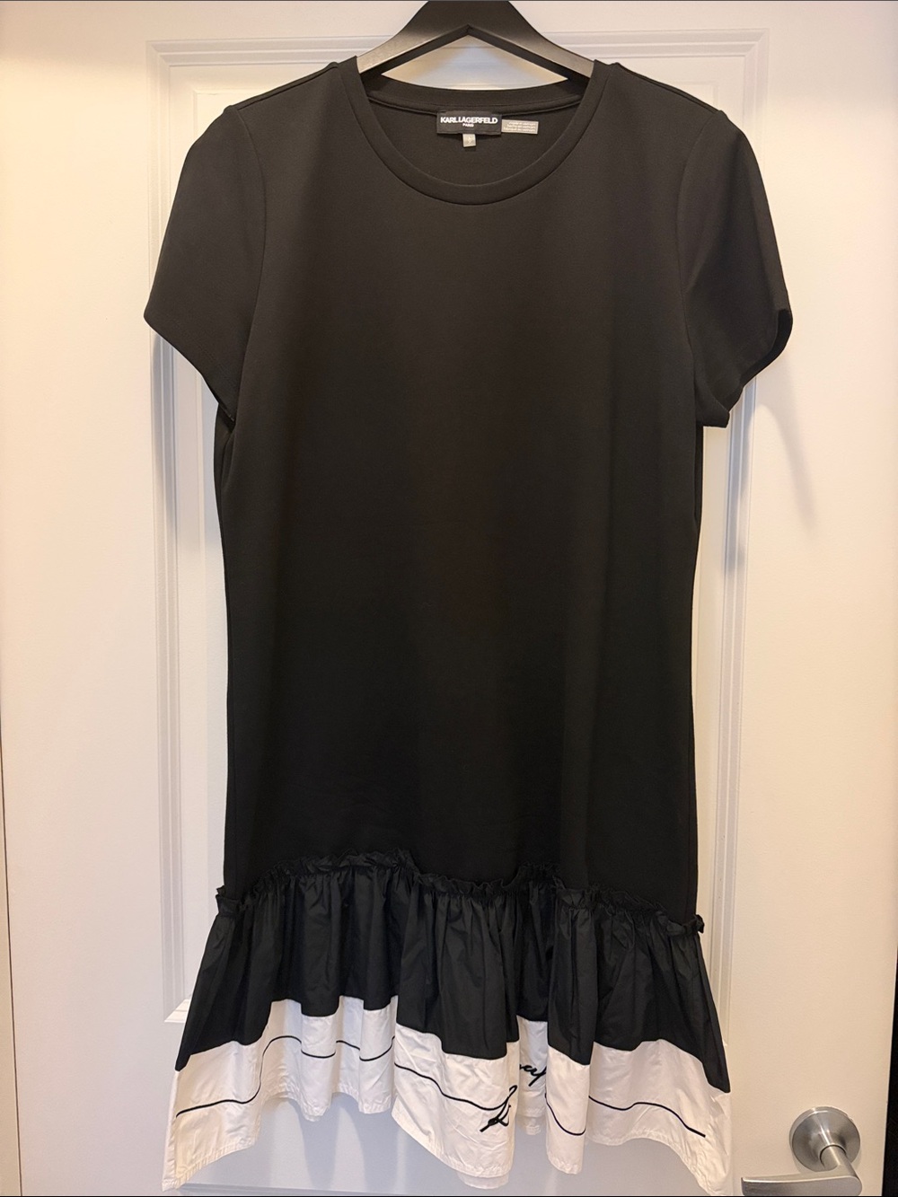 Karl Lagerfeld Black Short-Sleeve Ruffle-Hem Tunic with White Trim
